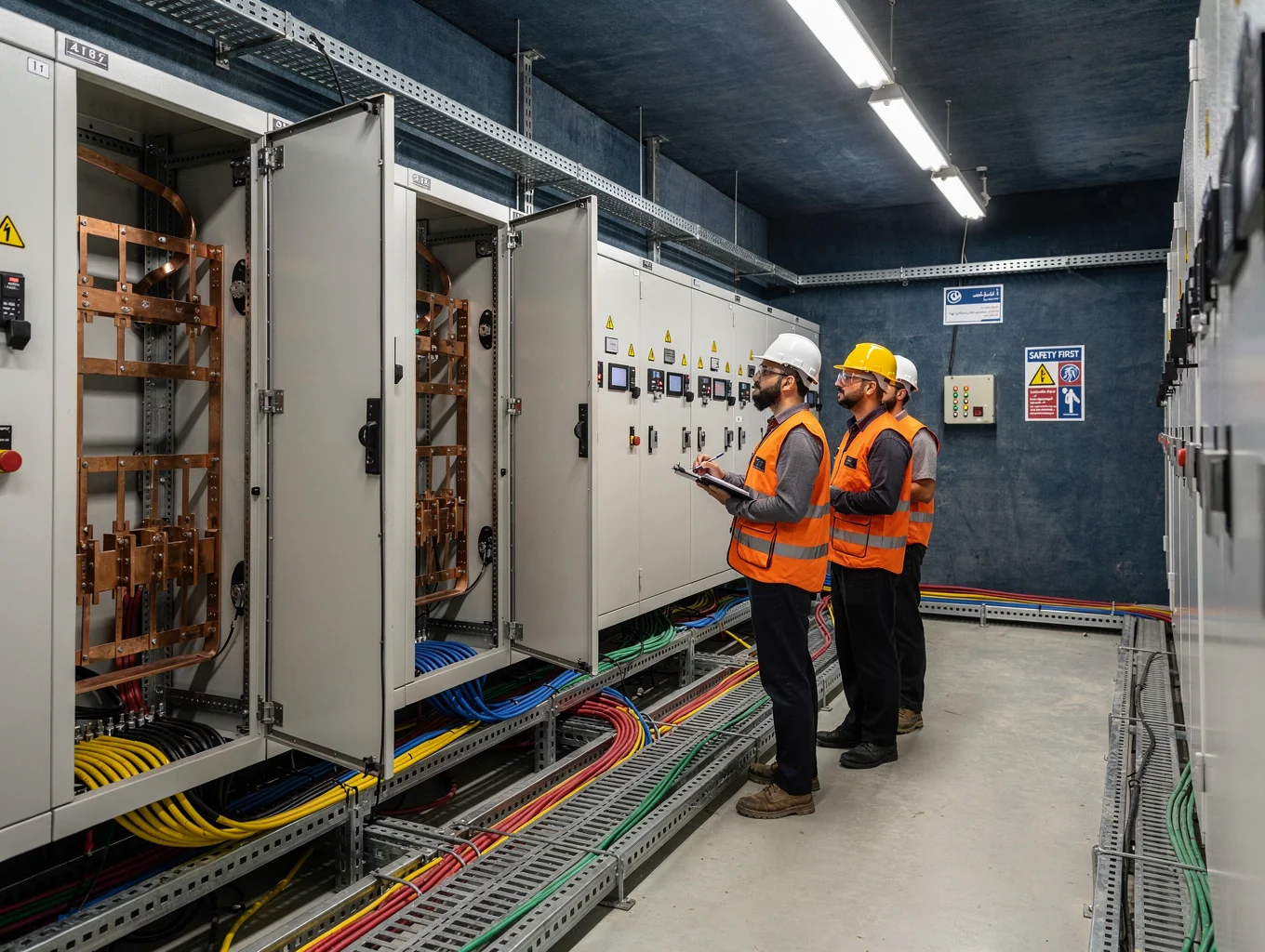 Commercial electrical distribution room with switchgear panels and cable trays