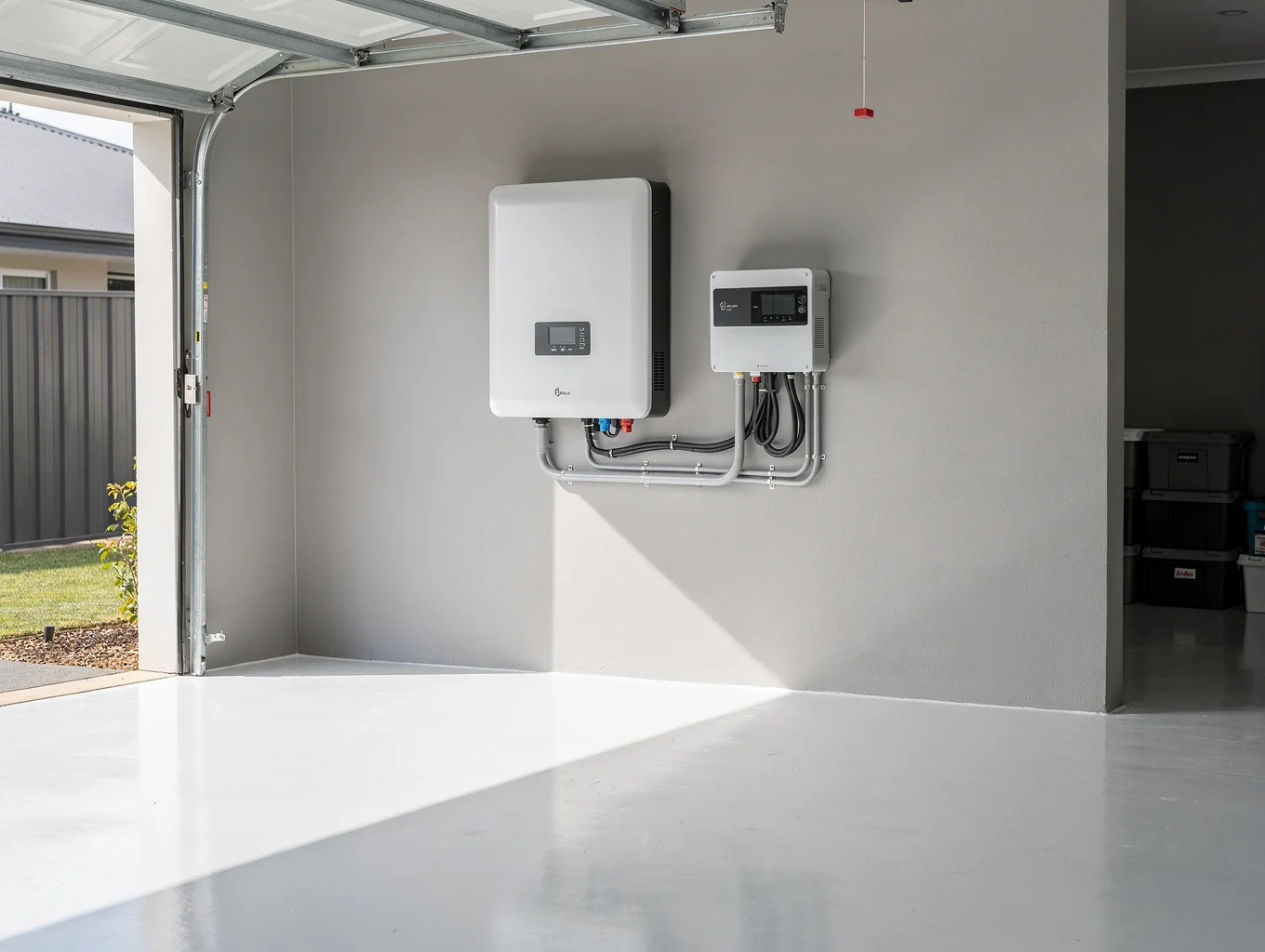 Fox ESS hybrid inverter wall-mounted in a garage