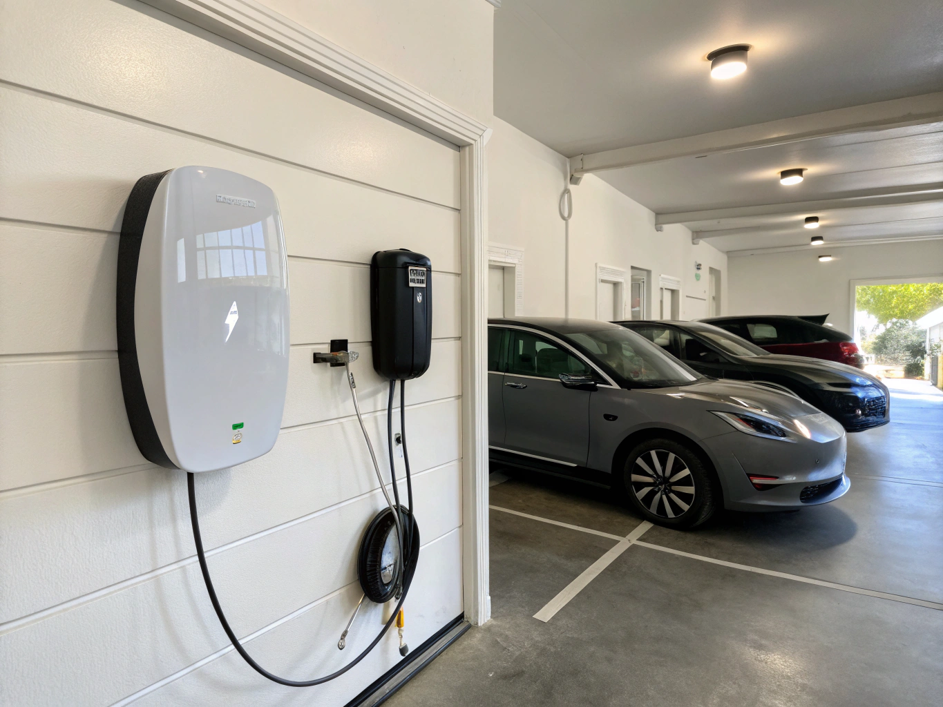 Schneider Electric EVlink wallbox charger on a garage wall