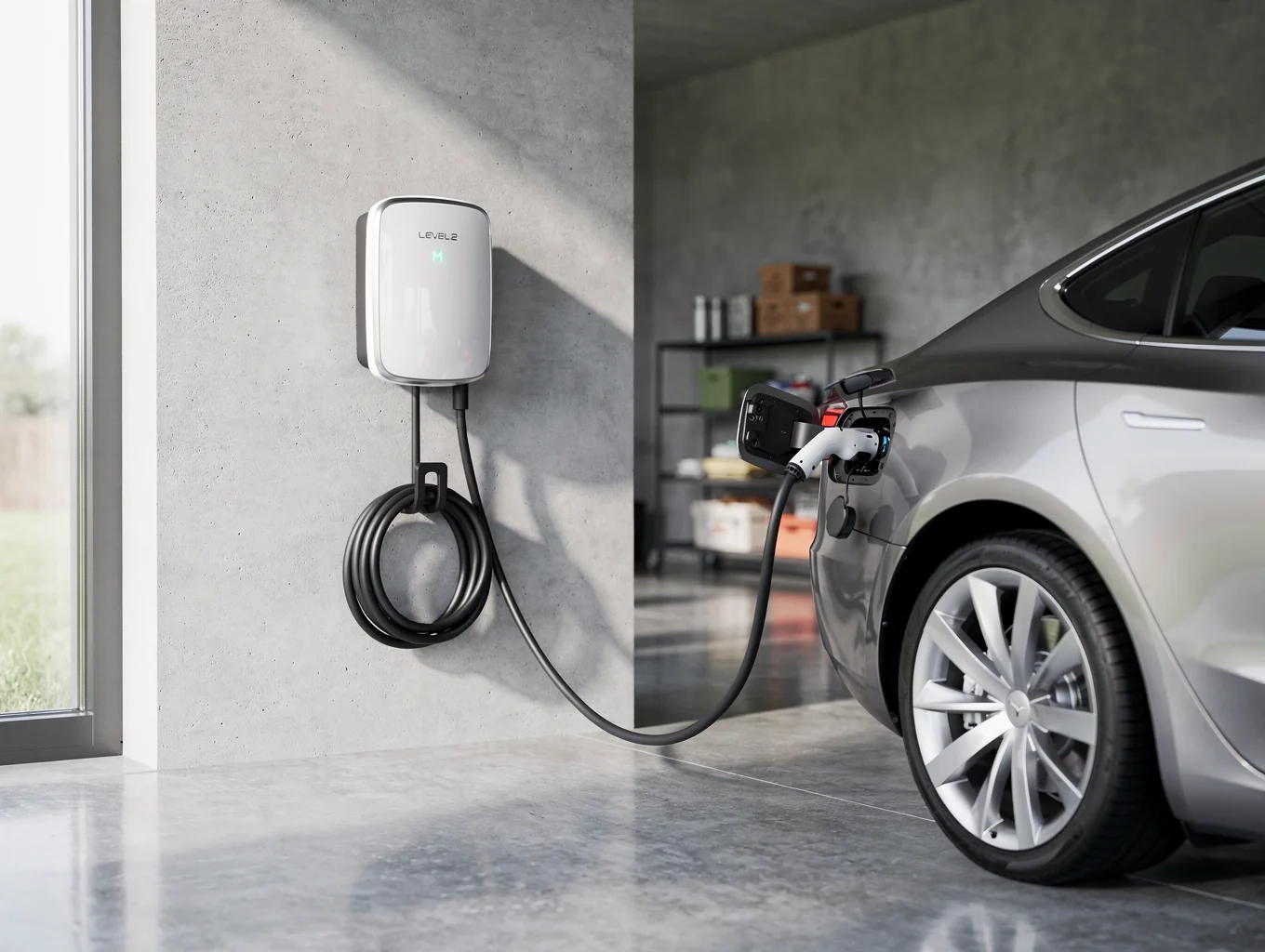Evnex E2 smart EV charger on a garage wall beside an electric car