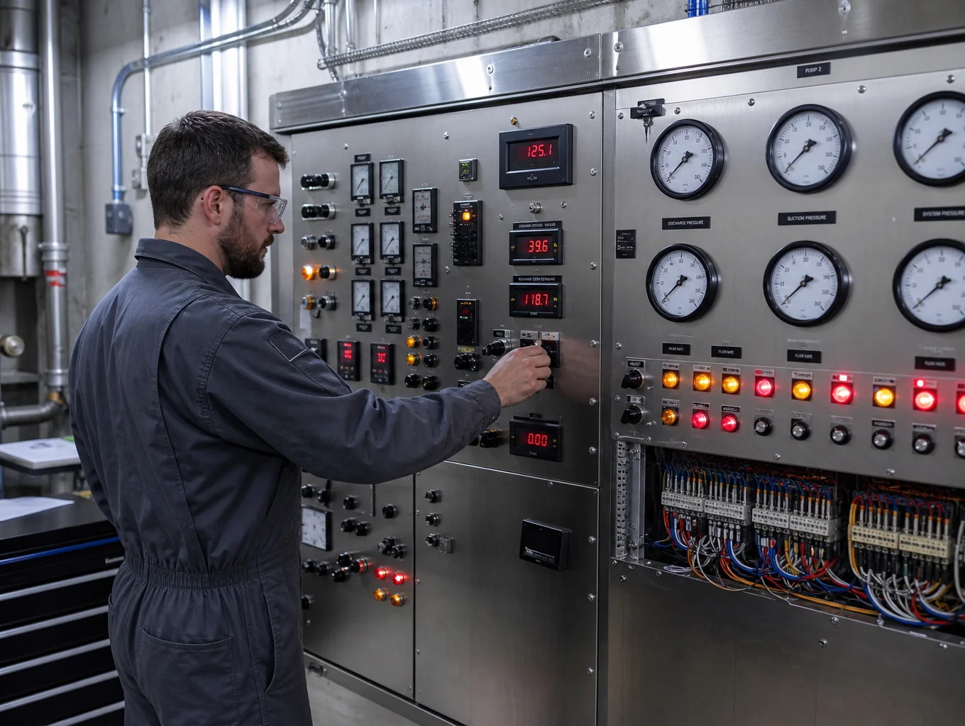 Industrial switchboard cabinet open for routine maintenance inspection