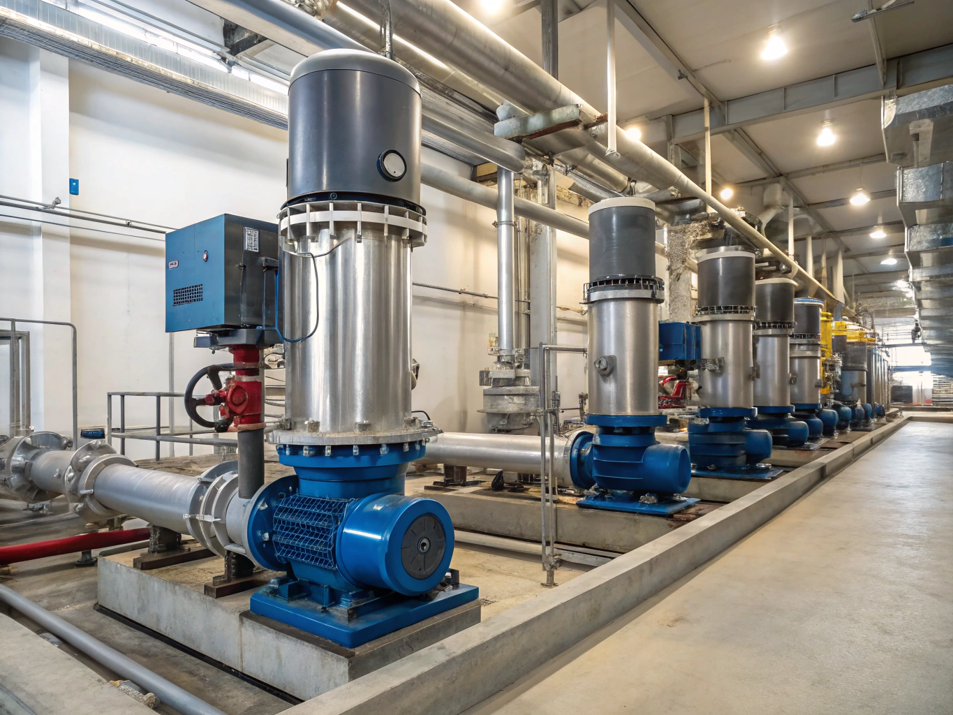 Industrial electric motor and pump machinery with motor control cabinet